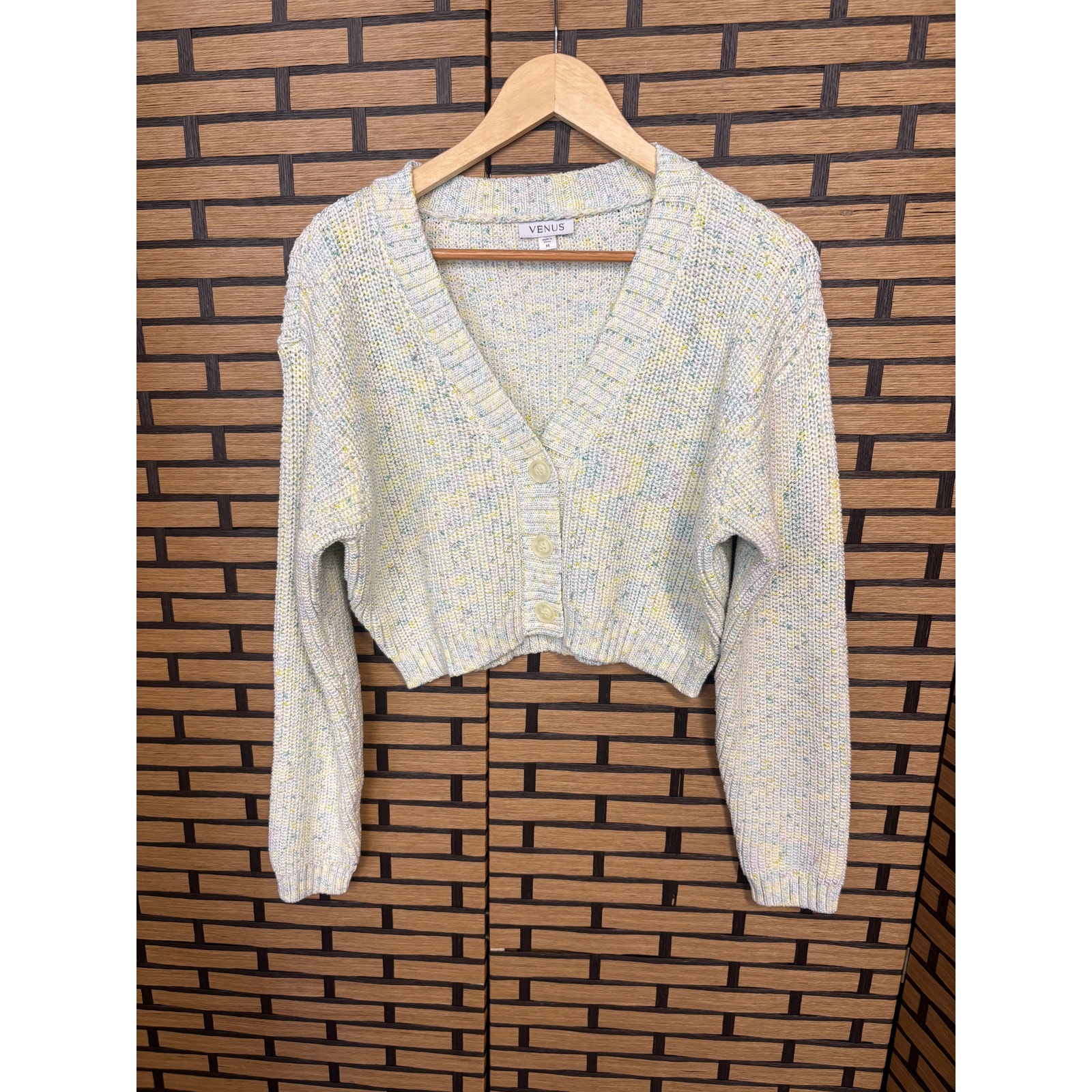 Venus Blue Marled Knit Button Front Cropped Sweater Size Medium